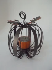 Bronze Metal Pumpkin Tea Light Votive Candle Holder w/ Lid HALLOWEEN Fall