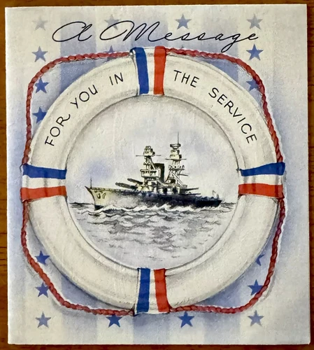 Unused WW2 WWII Patriotic Military Ship Life Saver Float Vtg Greeting Card 1940s