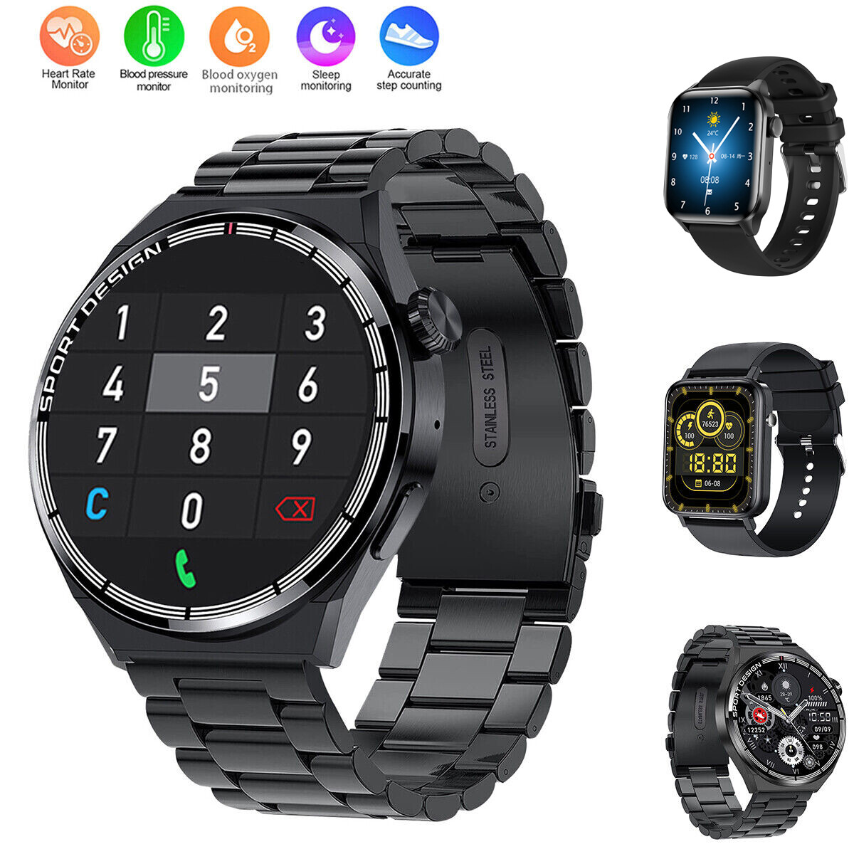 Smart Watch Touch Screen Heart Rate Blood Oxygen Monitor Bluetooth