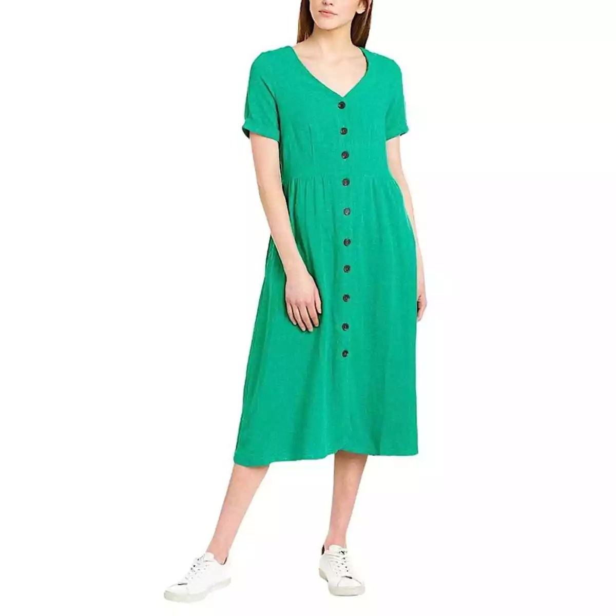 Joules Linen Blend Midi Dress Short Sleeves V Neck Button Front Pockets Green 4