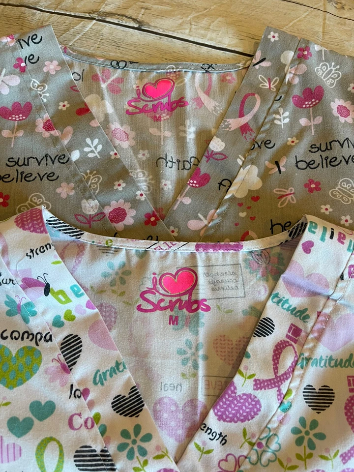 Lot Of 2 Scrubs Womens Top Scrub Size Medium Gray White Pink Love Hope Cure Heal - Image 4 of 4