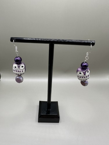 Handcrafted Ceramic Owl Earrings & Gemstones - Picture 2 of 4