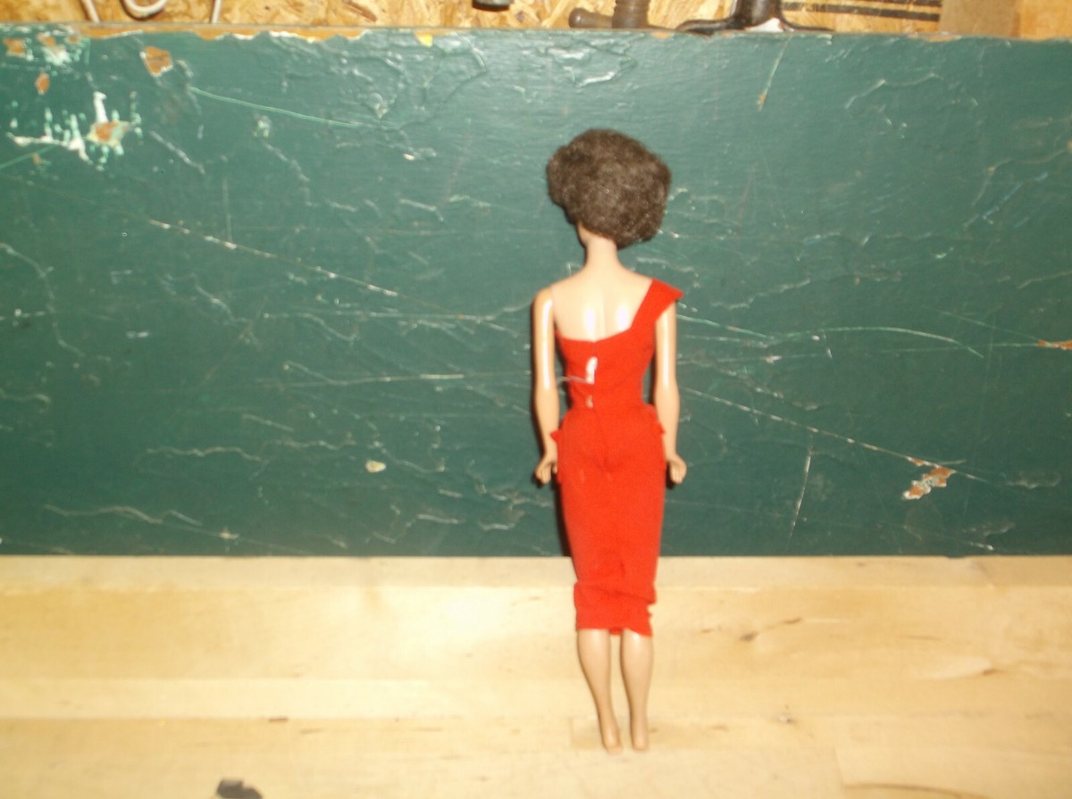 Vintage Brunette Bubble Cut Barbie Doll Red Dress 1958 Mattel