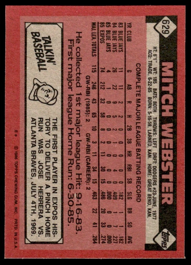 1986 Topps #629 Mitch Webster - Image 2 of 3
