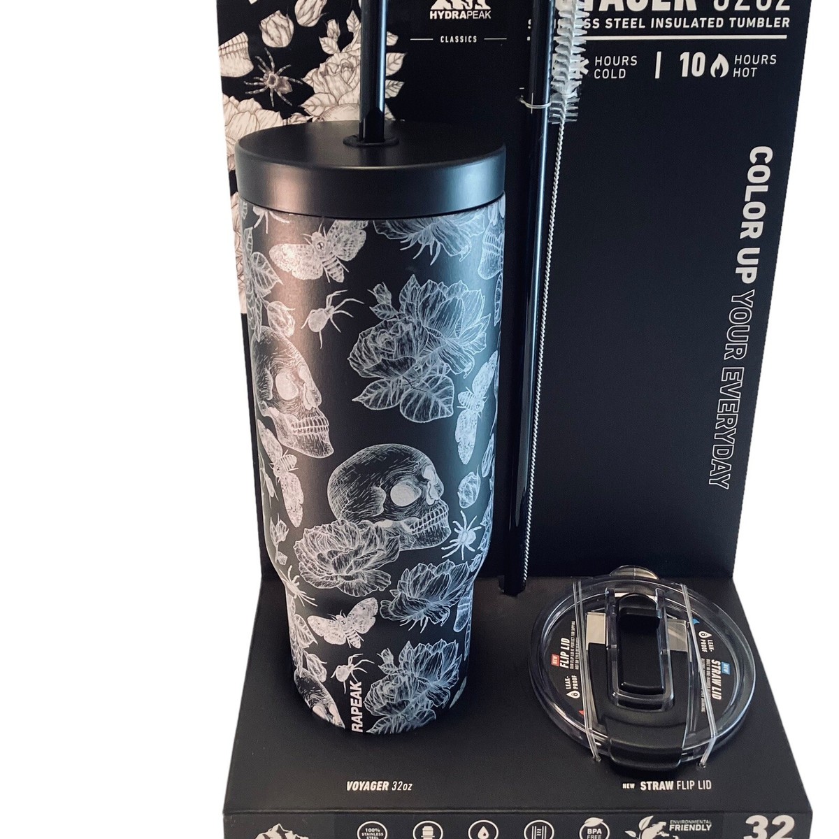 HydraPeak Water Bottle Tumbler Voyager 32oz Stainless Steel SKULLS