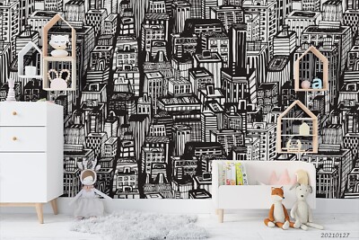 3D City Building Hand Drawn Self-adhesive Removeable Wallpaper Wall Mural