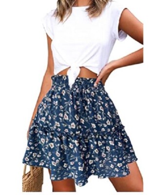NEW TSHER Ditsy Floral Polyester A Line Flared Skirt with Drawstring Size Large