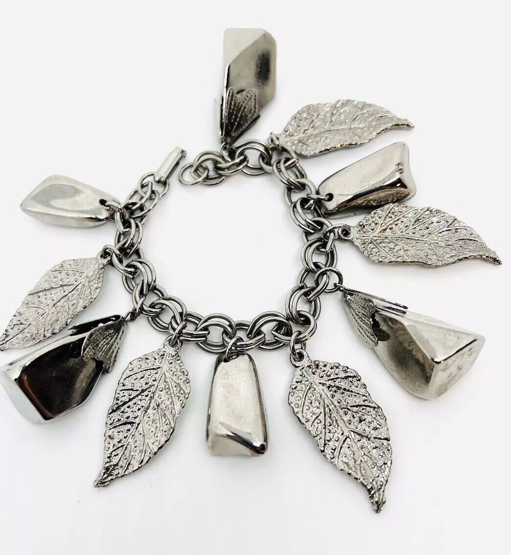 Unusual Chunky Silver Tone Leaves & Nuggets Charm… - image 1