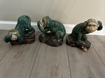 Majolica Monkey 3 Piece Set, Hear/See/Speak No Evil, MCM, Vintage NO CHIPS