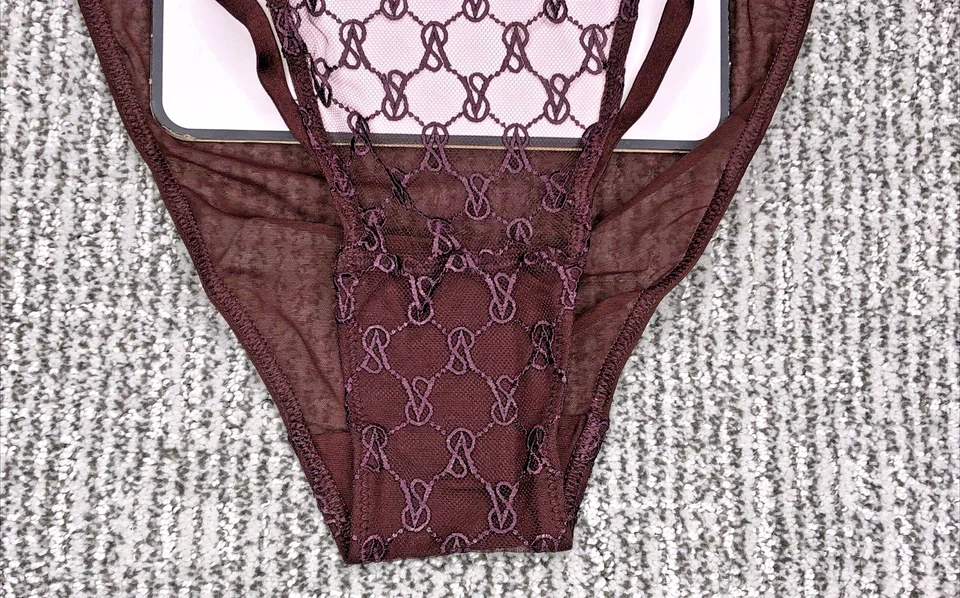 Victoria's Secret 全新带标签大号勃艮第弦比基尼内裤人造皮革标志网眼 — 第 4/4 张图片