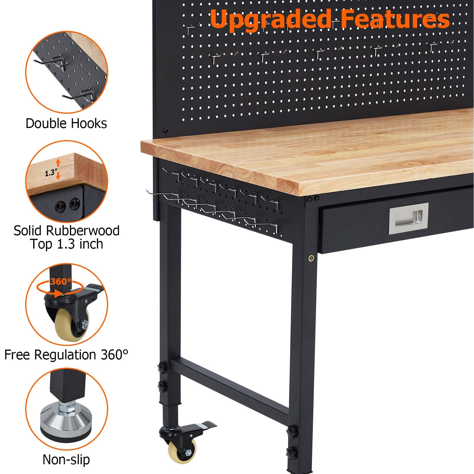 48" Adjustable Height Workbench Heavy Duty Workstation Garage with Power Outlets