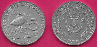 BURUNDI 5 FRANCS 2014 UNC BUFF-SPOTED FLUFFTAIL(SAROTHRURA ELEGANS),BIRD AND DEN