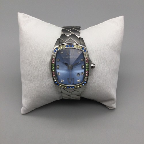 Chronotech Watch Women Silver Tone Rivoli Crystal Blue Date New Battery 6.25" - Picture 3 of 16