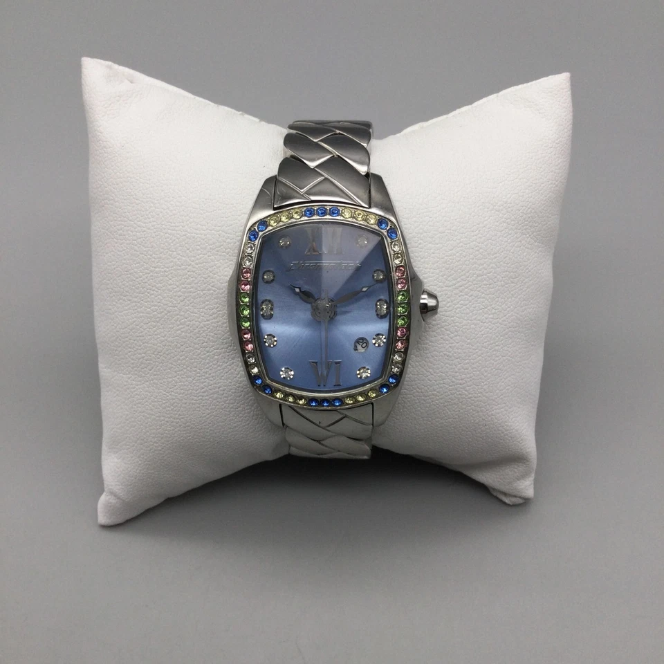 Reloj Chronotech Mujer Tono Plateado Rivoli Cristal Azul Fecha Batería Nueva 6.25" Foto 3 de 4