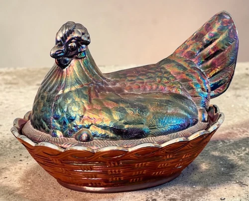 RARE! Fenton Titanium Carnival Glass "Gertrude" Large Hen On Nest MINT!