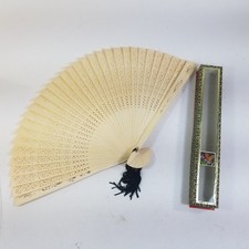 Vintage Japenese Wooden Folding Hand Fan  Hand Carved With Original Box