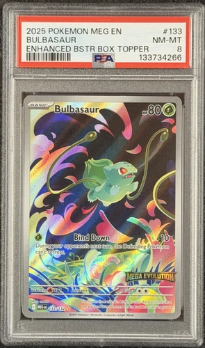 2025 POKÉMON MEG EN BULBASAUR ENHANCED BSTR BOX TOPPER #133 NM-MT GEM 💎 PSA 8