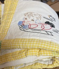 Vintage Hand Embroidered  Quilted Baby Crib Coverlet 29  X 40  Unisex Action