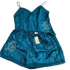 Vintage Pajama Set Cami Tank Shorts NWT Teal Green Satin Floral Embroidered L/XL