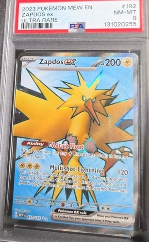 POKEMON CARD ZAPDOS ex ULTRA RARE 192 S & V - 151 MEW EN #192 GRADED PSA 8