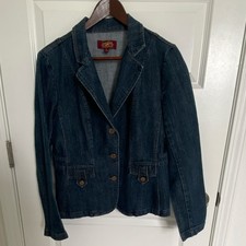 Women  s Denim Jacket Blazer Size L Blue Button Closure Stitching Solid