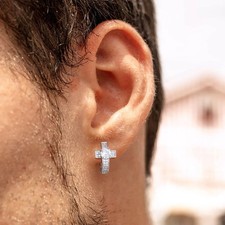 Silver Cross Hoop Earrings Faith Huggie Bling AAA CZ Stone Centered Men Classic