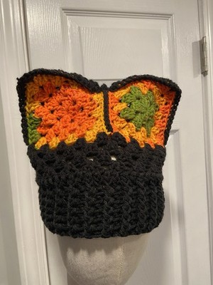 Handmade Crochet Cat Animal Ear Beanie Hat Cozy Ribbed Brim Stretch Winter Hat