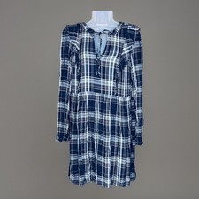 LOFT Plaid Dress M Navy Ruffle Boho Cottagecore Preppy Schoolgirl Dark Academia