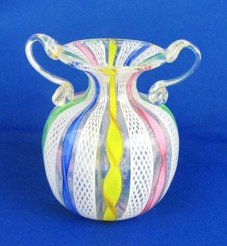 Vintage Murano Venetian Glass Italy Latticino Ribbon Handled 3 3/8" Vase