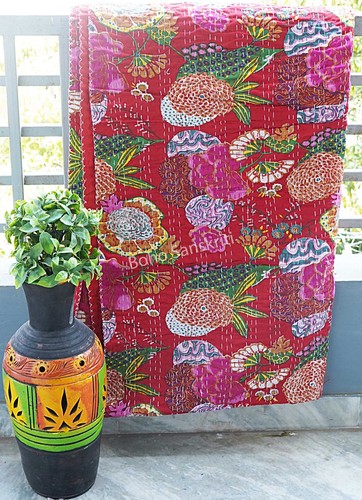 Indian hand stitched cotton floral fruit print kantha quilt gudari throw - Picture 37 of 50