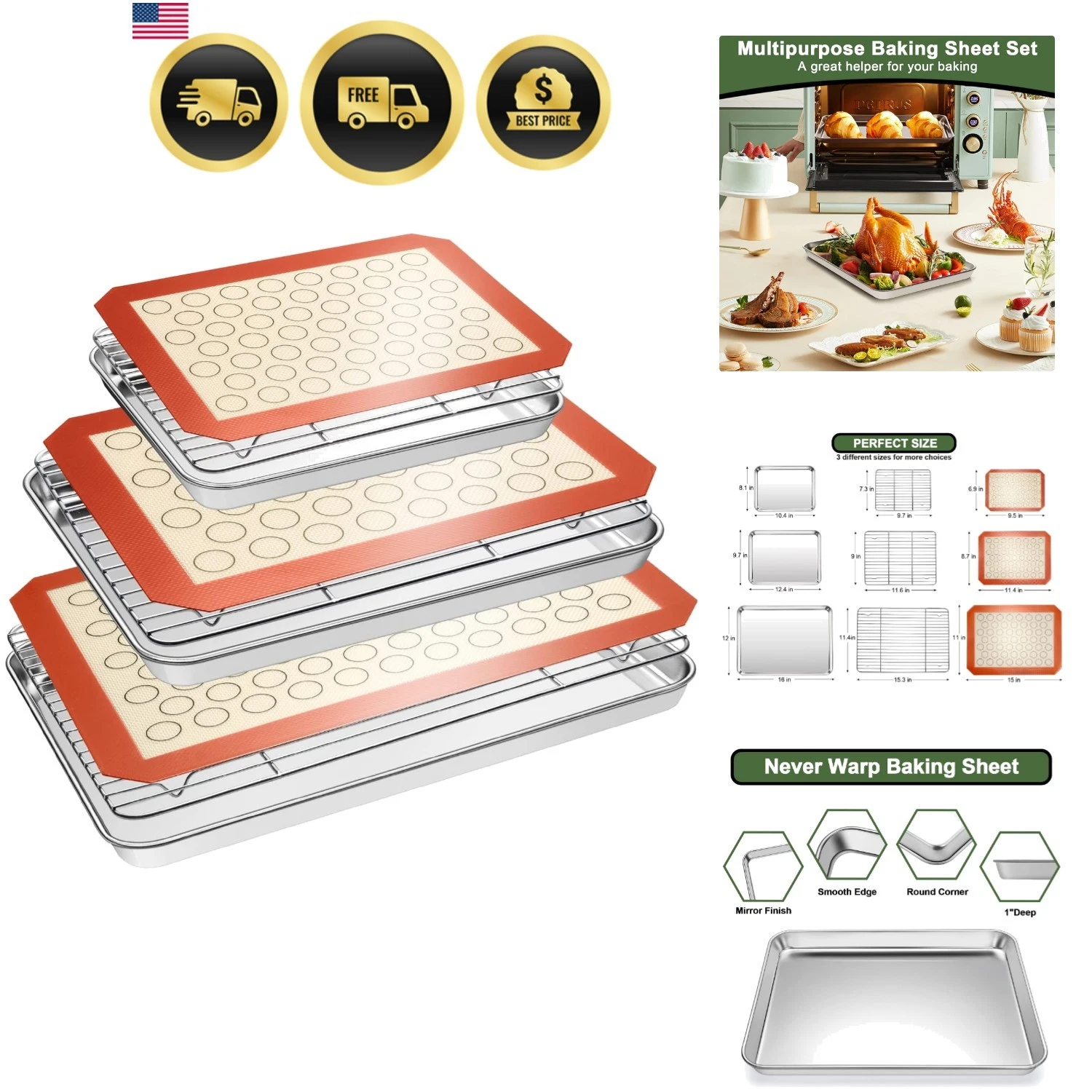 Baking Sheet Tray Cooling Rack with Silicone Baking Mat Set, Stainless Steel ...
Opens in a new wind