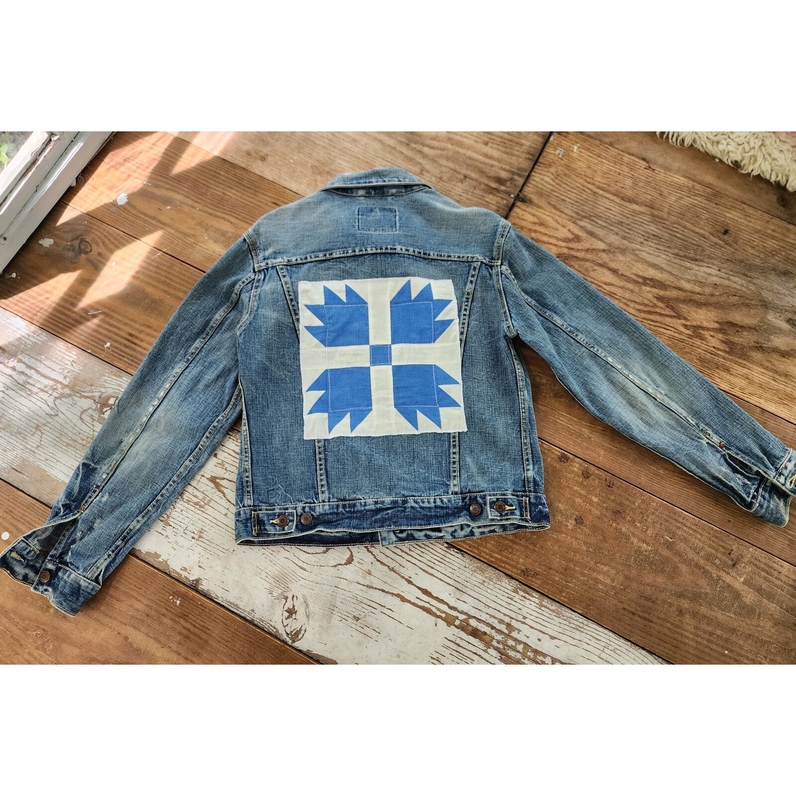 Denim Jacket with Blue and White Quilt Patch size  Large-image