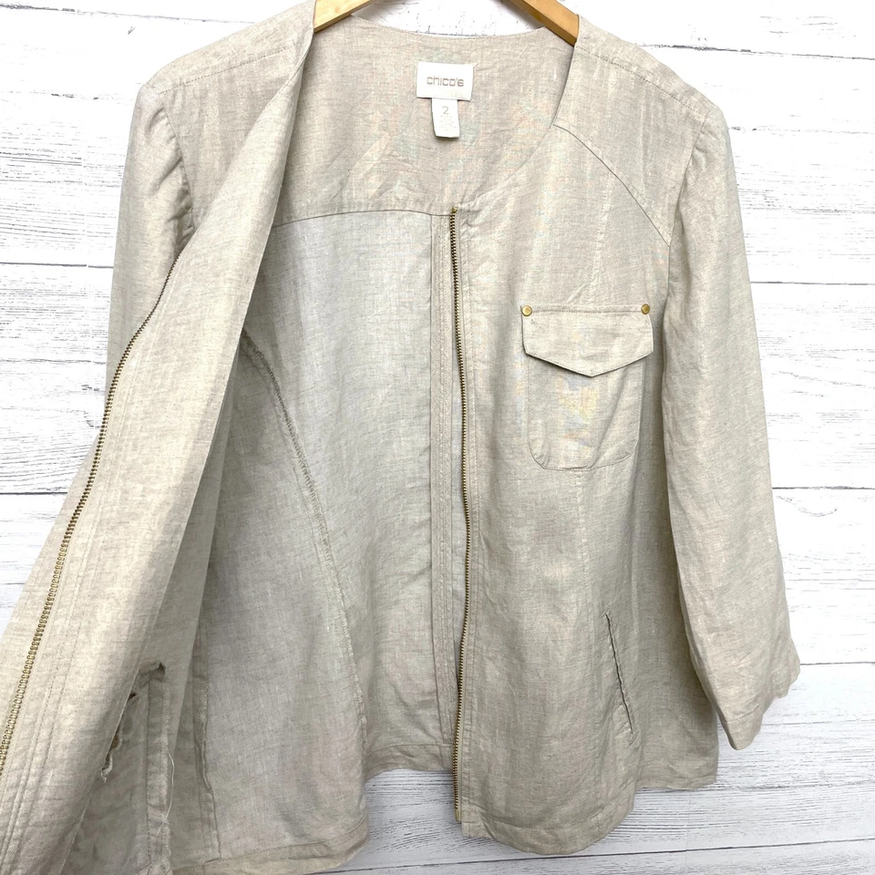 Chico's Women's Tan Linen Jacket Zipper Front Lightweight 3/4 Sleeves Large - Image 3 of 4