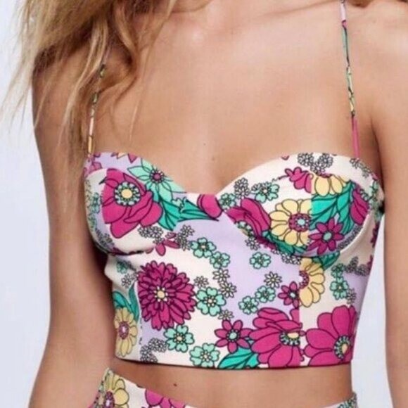 Zara Sweetheart Neckline Strappy Crop Top Floral … - image 1