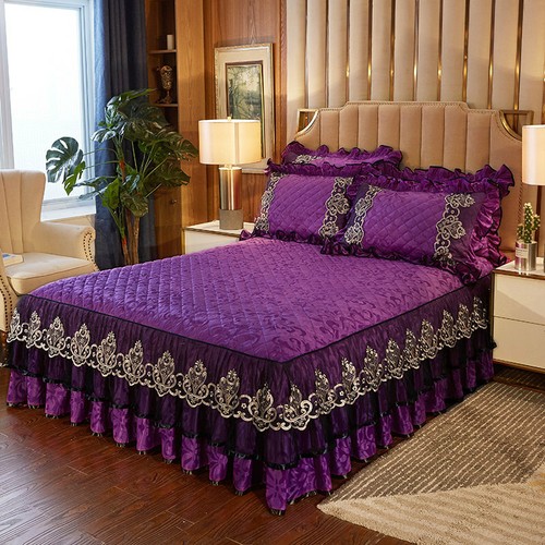 Lace Velvet Bedspread Set Queen King Bed Skirt Qulited Fitted Sheet Pillow Cases - Picture 51 of 65