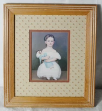 Primitive Folk Art Print "Child with Doll" Double Matted Wood Frame Under Glass