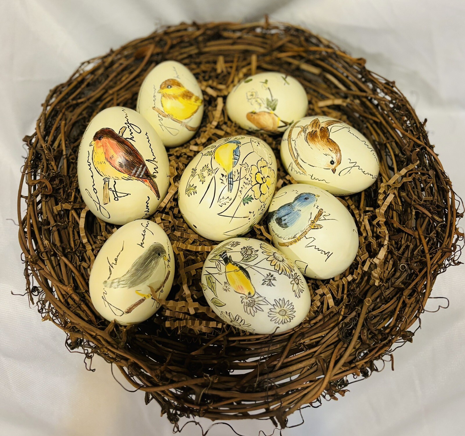 Ceramic Eggs Hand Painted Birds in Large Nest Set of 8 Multi 3 1/4