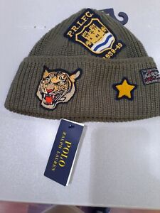 NWT Polo Ralph Lauren Mens TIGER Patch Beanie Cap Upcycle in Olive