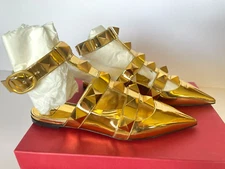 Valentino Garavani Roman Stud  Ballerina Ankle-Strap Flats Gold  US 7 /Eur 37
