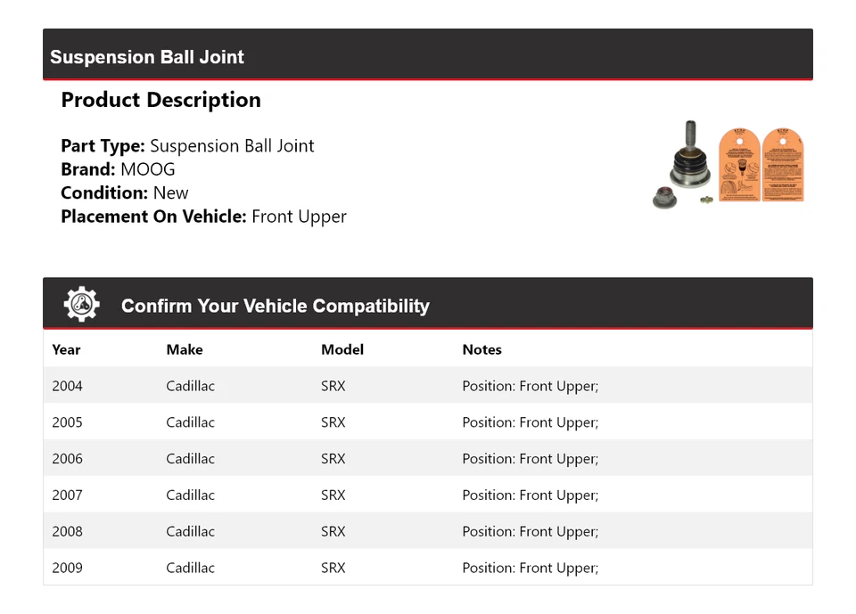 Rótula de suspensión delantera superior MOOG 2004-2009 para Cadillac SRX 2004 2005 2006 Foto 2 de 4
