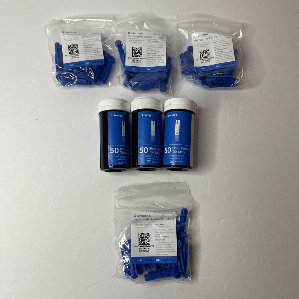 Livongo Blood Glucose Test Strips 3 Bottles 150 Total 100 30G Lancets