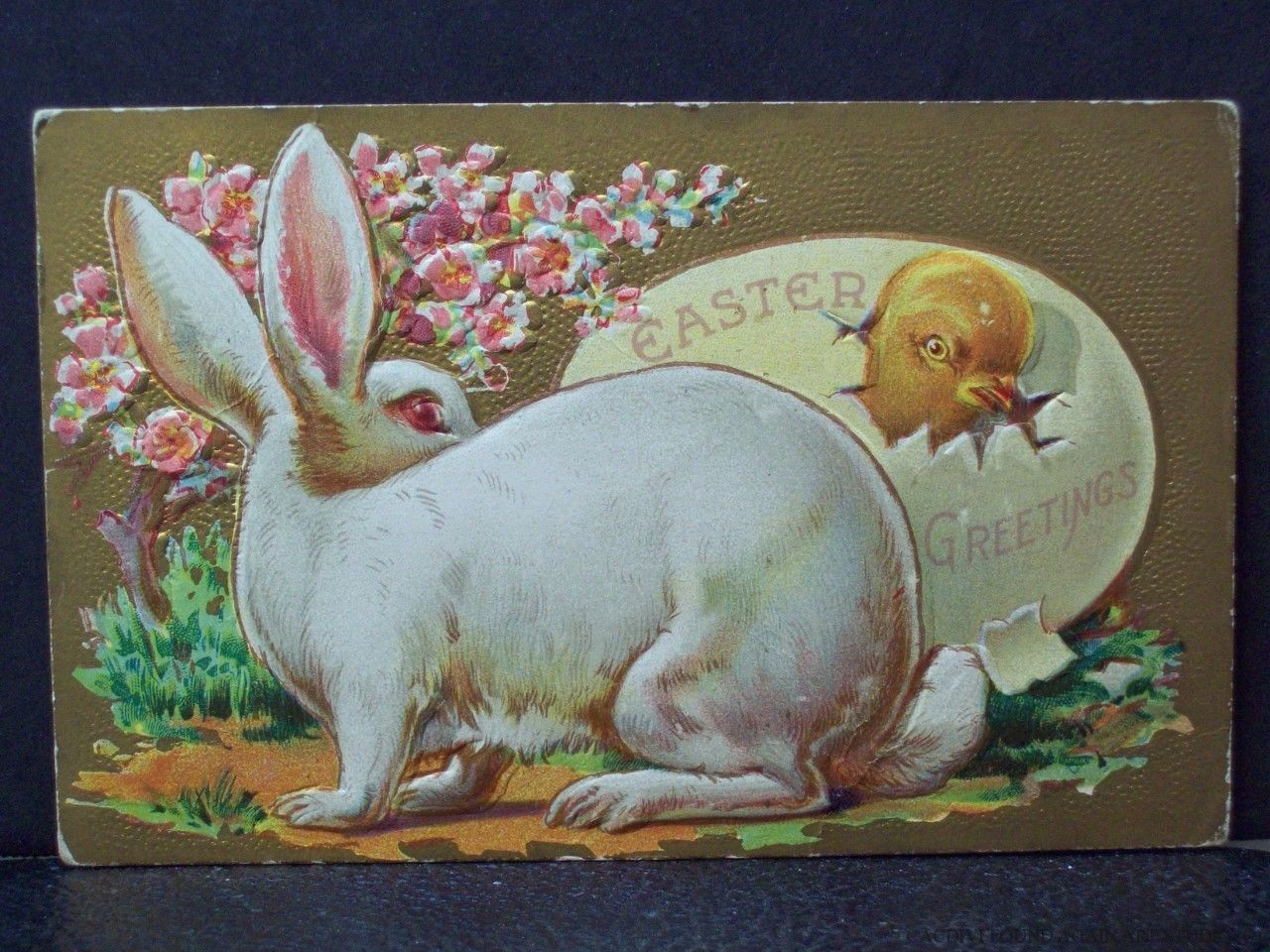 Easter Greeting Postcard Big White Bunny Rabbit Chick Hatches from Giant Egg Vtg