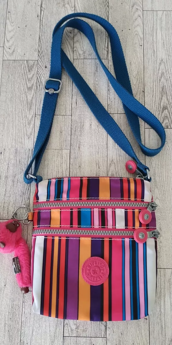 Kipling Multi Color Striped Small Crossbody Purse With Monkey EPC