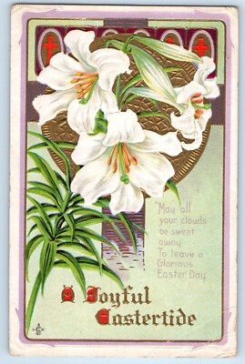 1912 Easter Holy Cross Lilies Flowers Embossed Raymond SD Antique Postcard