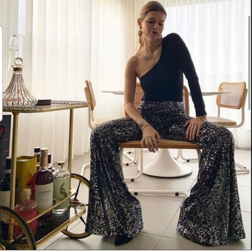 SEQUINNED FLARED TROUSERS PANTS BLACK 