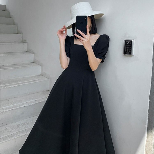Black Dress Women's Casual Square Neck Long Style Hepburn Style Black Dress - Picture 6 of 12