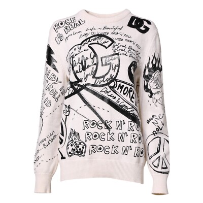 DOLCE & GABBANA Sweater White Black Logo Print Women Pullover IT40