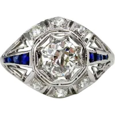 Bague de fiançailles en argent 925 saphir diamant taille ronde de style art déco - Photo 1/4