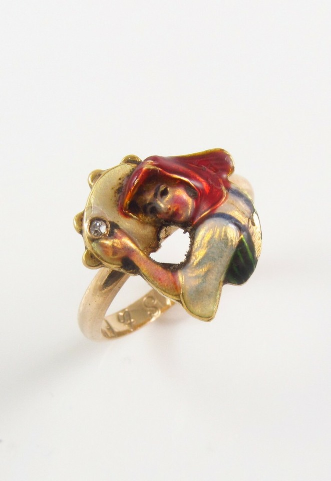 Antique 14k Gold Art Nouveau Enamel & Diamond Bavarian Bar Maid Ring ...