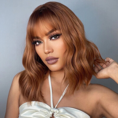 Short Bob Curly Wavy Human Hair Wig with Bang Copper Brown 